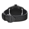 An image of a wristwatch viewed from the back, showcasing the closed clasp. The watch has a dark leather strap and a black case. The angle is straight on, focusing closely on the clasp and the case back. The watch is in display model condition.