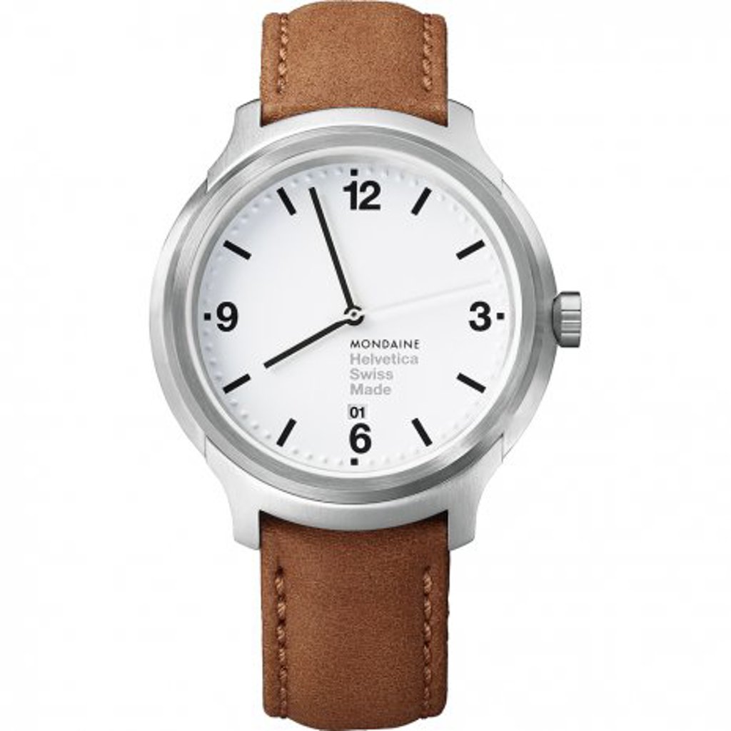 An image of a Wristwatch by Mondaine. This Pre Owned item is designed for Men, featuring a Casual style. It has a Quartz movement and an Analog display with a White dial color. The indices include 12-Hour Dial,Arabic Numerals,Stick Indexes. The band is made of Leather and the case is made of Stainless Steel. The watch has a Round shape with a case size of 43 mm and a case thickness of 11 mm.