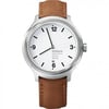 An image of a Wristwatch by Mondaine. This Pre Owned item is designed for Men, featuring a Casual style. It has a Quartz movement and an Analog display with a White dial color. The indices include 12-Hour Dial,Arabic Numerals,Stick Indexes. The band is made of Leather and the case is made of Stainless Steel. The watch has a Round shape with a case size of 43 mm and a case thickness of 11 mm.