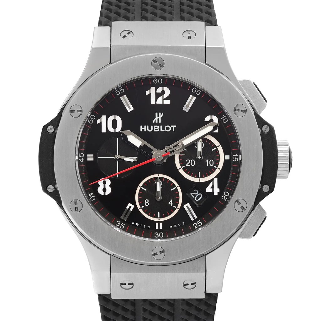 Up Close Front Facing Picture Of Hublot 301.SX.130.RX Stainless Steel Watch Pre Owned Condition