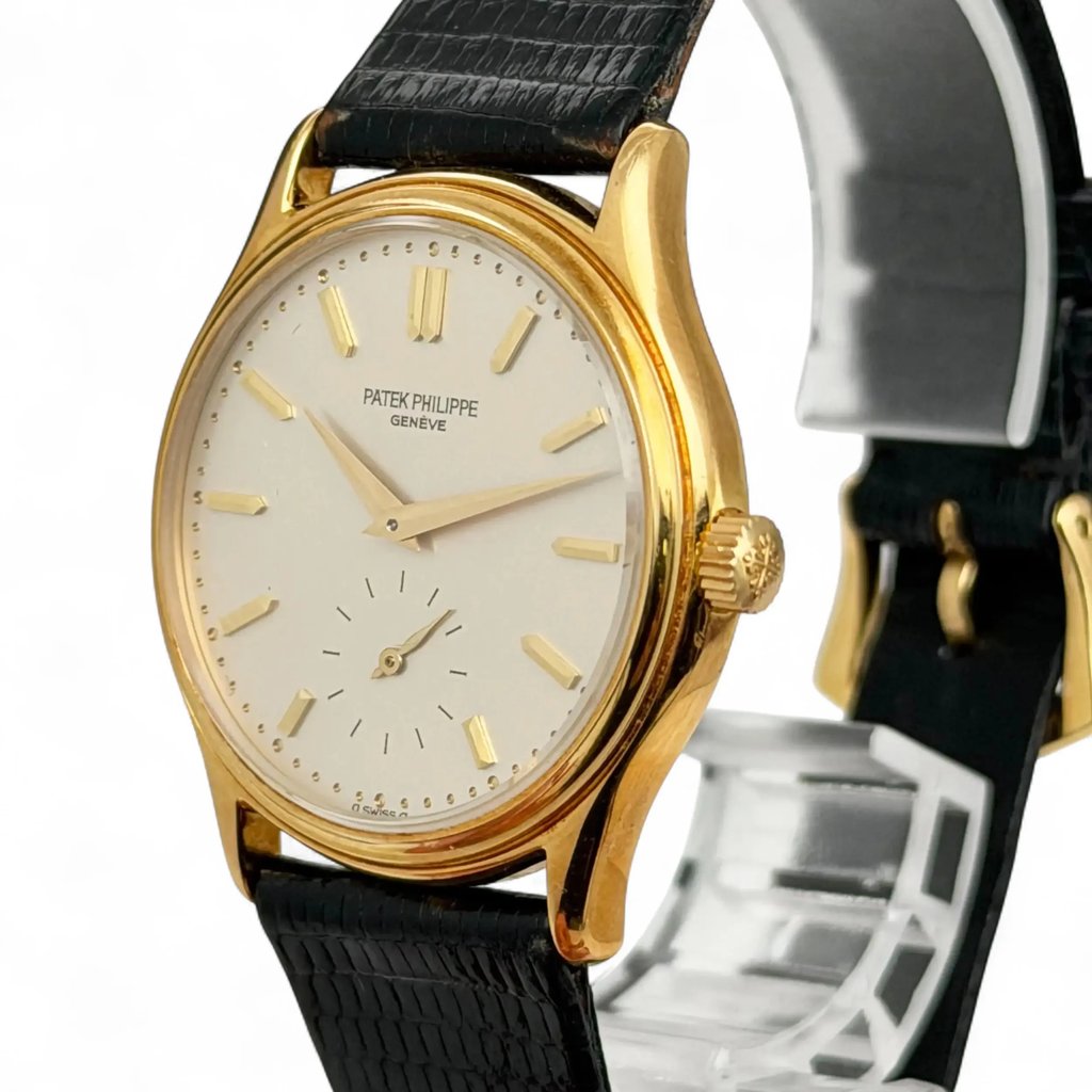 View Of Crown Facing Side Of Patek Philippe 3923J Yellow Gold Watch Pre Owned Condition