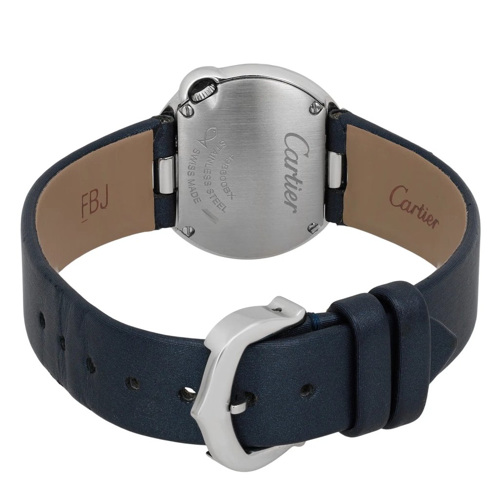 Back View Of Screwback Back Case And Closed Leather Band Of Cartier W4BL0002 Watch Pre Owned Condition