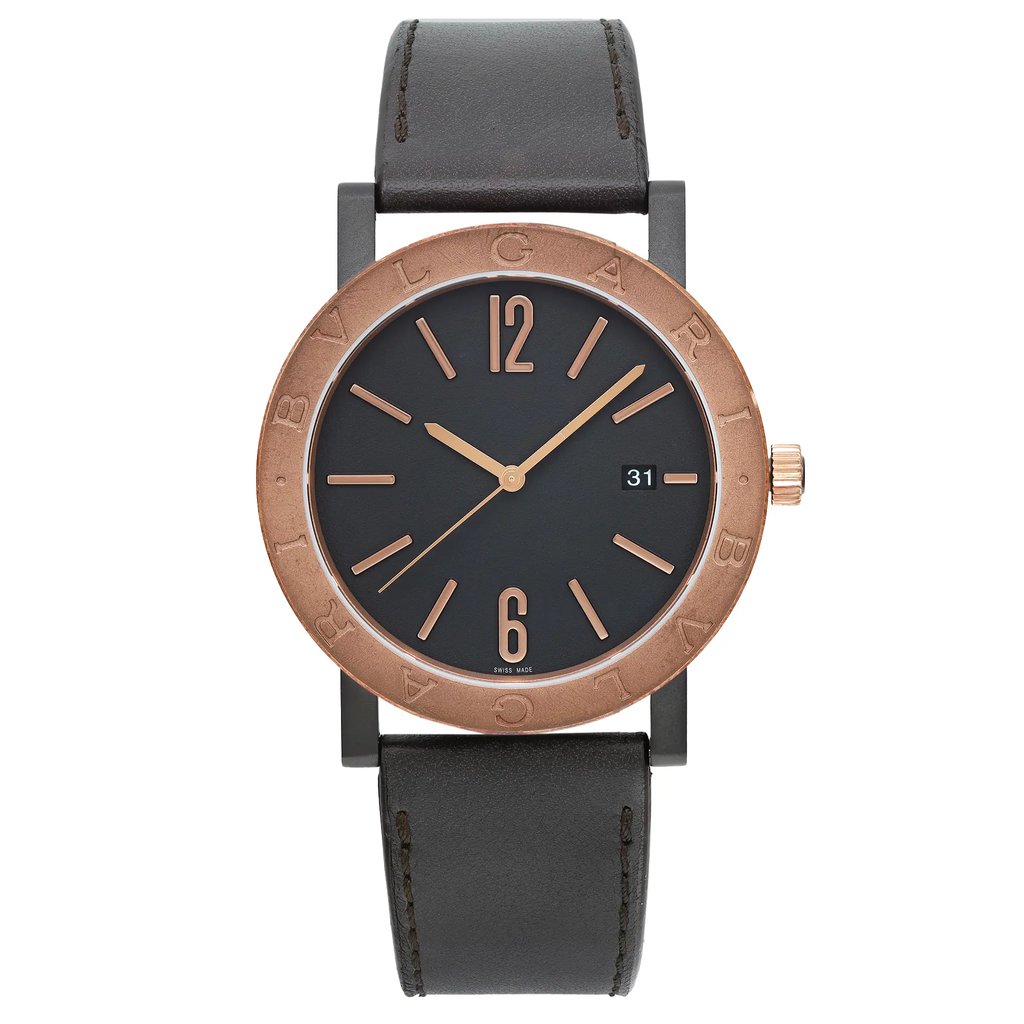 An image of an unworn Bvlgari men's wristwatch in a casual style, presented in a full frontal view. The watch features a round Black DLC stainless steel case with a bronze bezel, a black dial with stick indexes and a 12-hour dial layout, and a date display at the 3 o'clock position. It has a dark brown leather band, and the overall angle of the watch is head-on, centered, and at a close distance, providing a clear view of the watch details.
