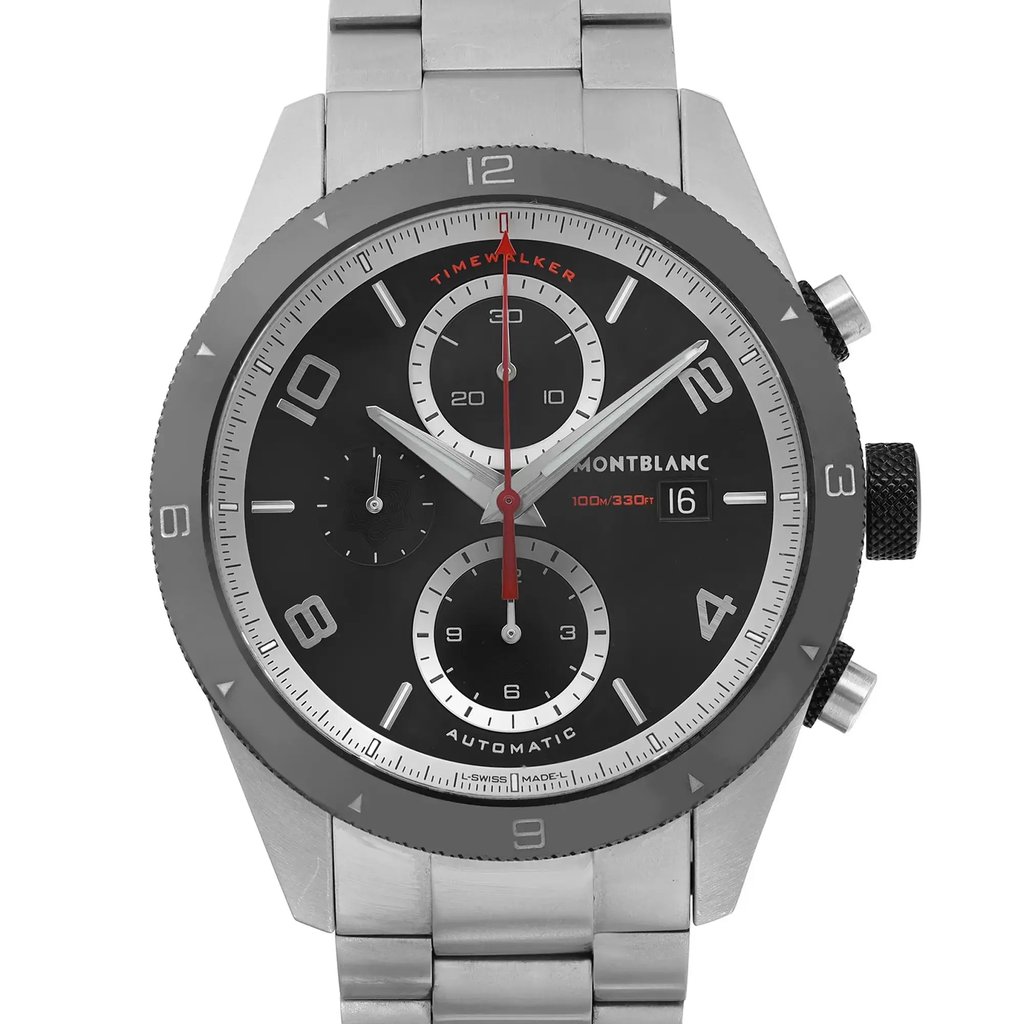 Up Close Front Facing Picture Of Montblanc MB116097 Stainless Steel Watch Pre Owned Condition
