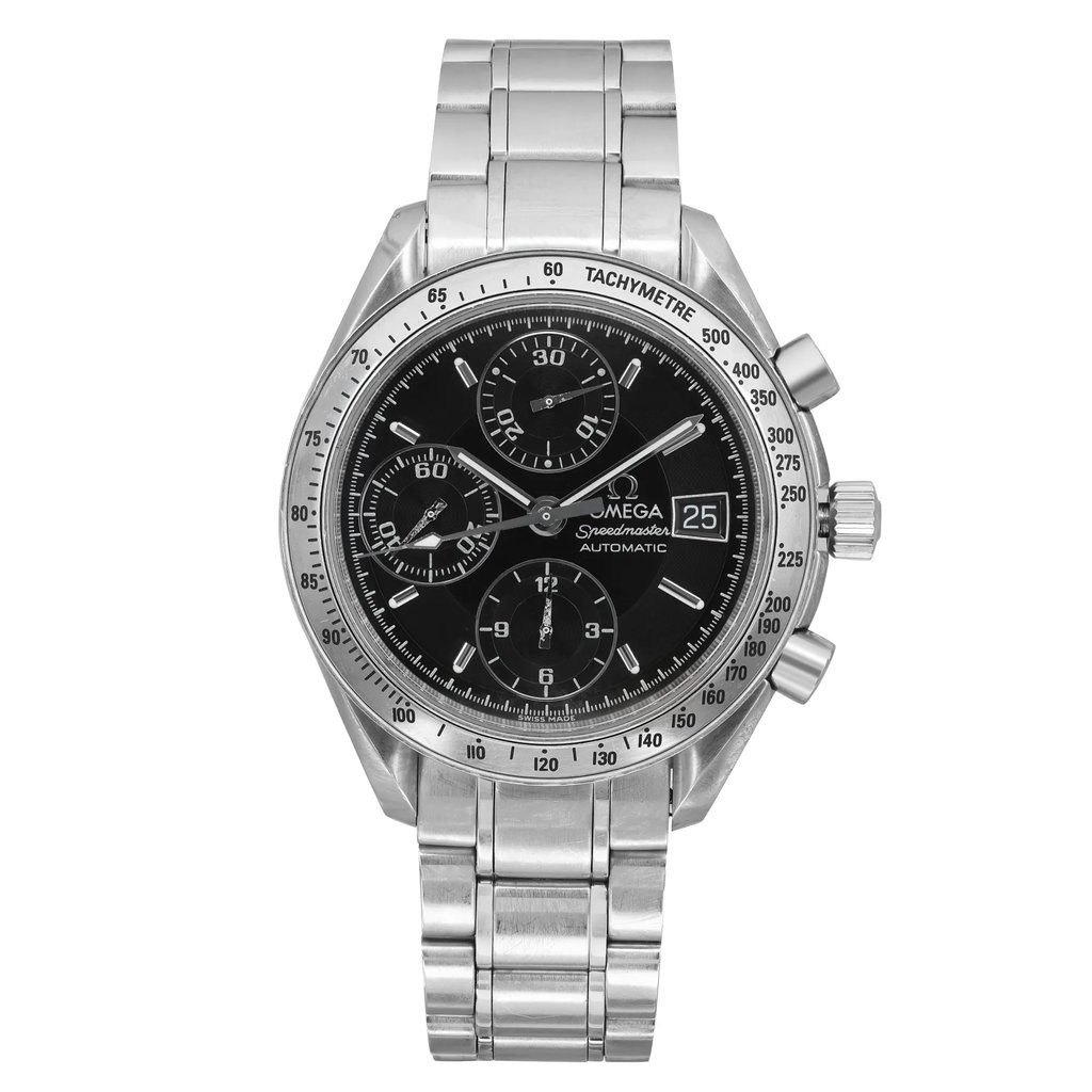 An image of a pre-owned wristwatch positioned in a front full frontal view. The watch features a metallic bracelet and a black dial with multiple sub-dials. The brand name is visible on the watch face. The image is taken from a close distance, capturing details of the watch's design and condition.