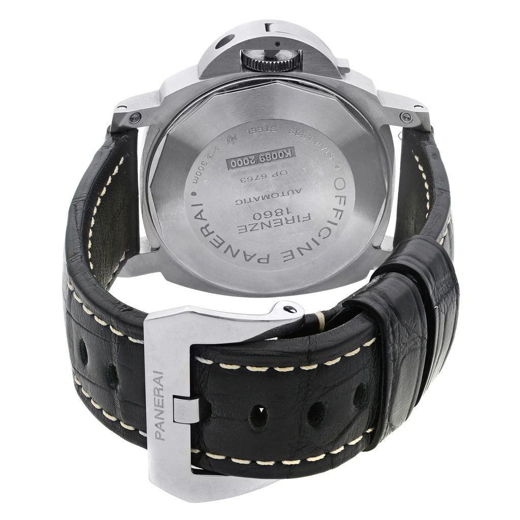 Back View Of {Caseback} Back Case And Closed Leather Band Of Panerai PAM00104 Watch Pre Owned Condition
