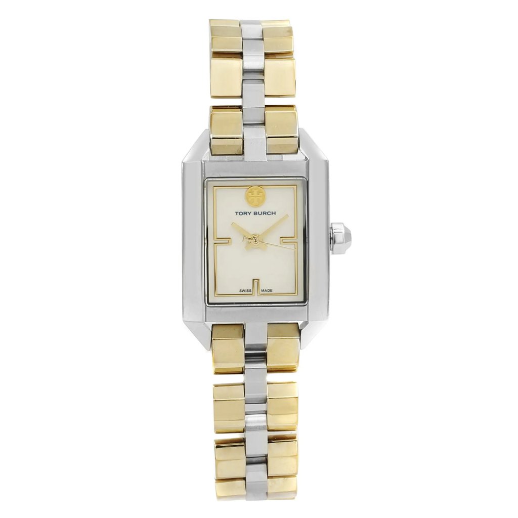 An image of a Wristwatch by Tory Burch. This Pre Owned item is designed for Women, featuring a Dress/Formal style. It has a Quartz movement and an Analog display with a Cream dial color. The indices include Unspecified. The band is made of Stainless Steel and the case is made of Stainless Steel. The watch has a Rectangle shape with a case size of 23 mm and a case thickness of 8 mm.