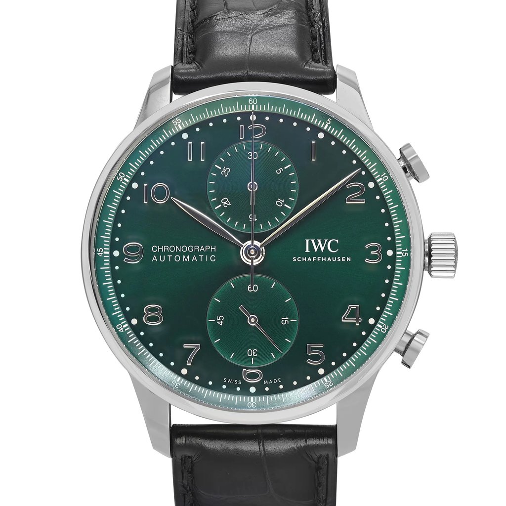 An image of a men's luxury IWC wristwatch with a close-up frontal view of the watch face. The watch features a round stainless steel case and a green dial with stainless steel bezel. The timepiece displays a 12-hour dial with Arabic numerals and chronograph functions. It is fitted with a black leather band and is in unworn condition. The watch is positioned centrally in the frame, with the dial facing directly towards the viewer, showing the intricacies of its design clearly.