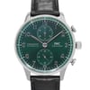 An image of a men's luxury IWC wristwatch with a close-up frontal view of the watch face. The watch features a round stainless steel case and a green dial with stainless steel bezel. The timepiece displays a 12-hour dial with Arabic numerals and chronograph functions. It is fitted with a black leather band and is in unworn condition. The watch is positioned centrally in the frame, with the dial facing directly towards the viewer, showing the intricacies of its design clearly.