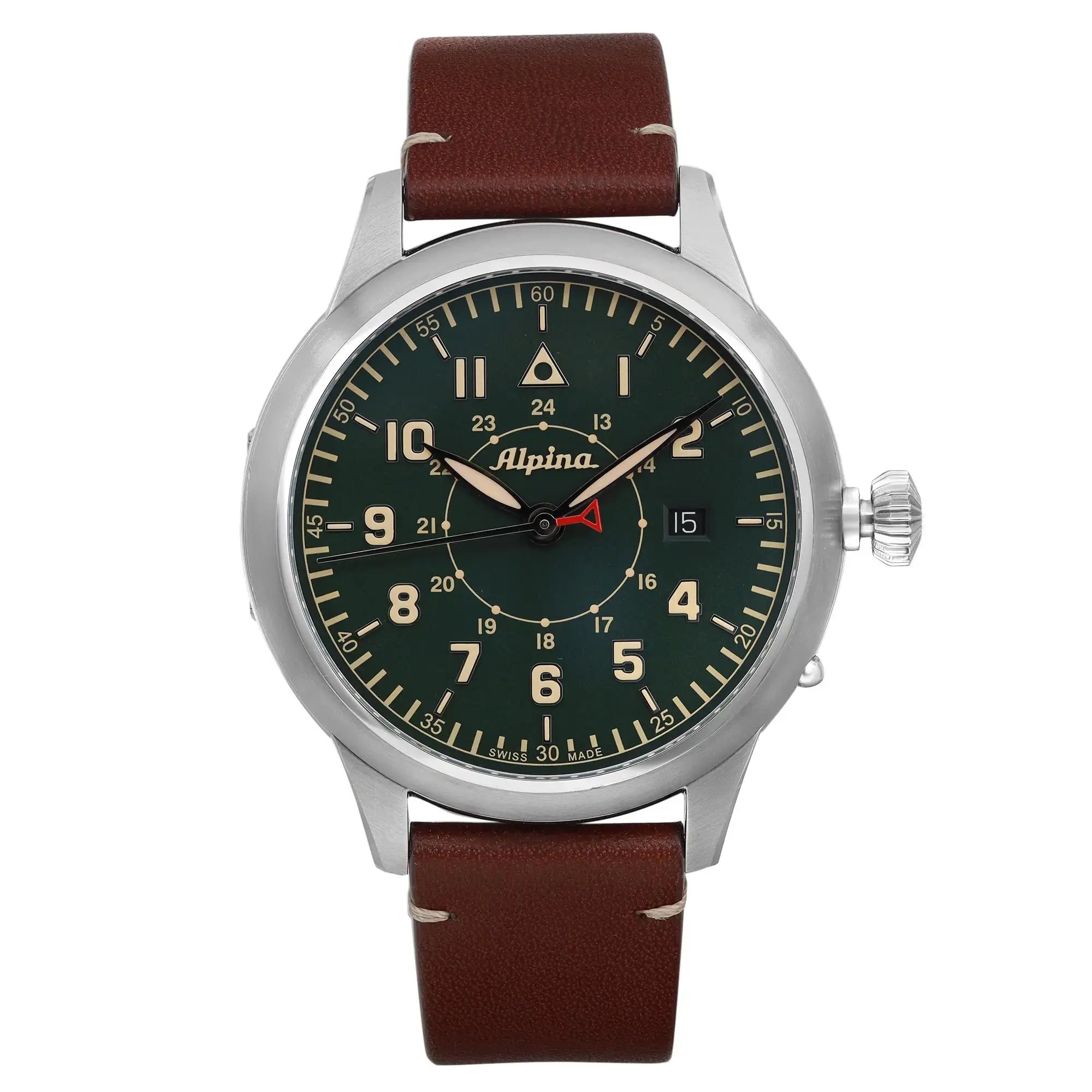 An image of a Wristwatch by Alpina. This Pre Owned item is designed for Men, featuring a Dress/Formal style. It has a Mechanical (Automatic) movement and an Analog display with a Green dial color. The indices include 12-Hour Dial,Arabic Numerals. The band is made of Leather and the case is made of Stainless Steel. The watch has a Round shape with a case size of 44 mm and a case thickness of 12 mm.