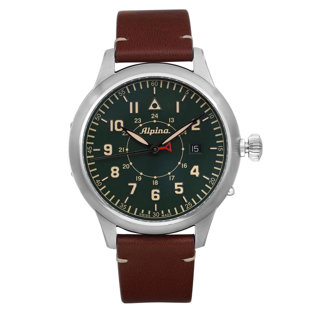 An image of a Wristwatch by Alpina. This Pre Owned item is designed for Men, featuring a Dress/Formal style. It has a Mechanical (Automatic) movement and an Analog display with a Green dial color. The indices include 12-Hour Dial,Arabic Numerals. The band is made of Leather and the case is made of Stainless Steel. The watch has a Round shape with a case size of 44 mm and a case thickness of 12 mm.