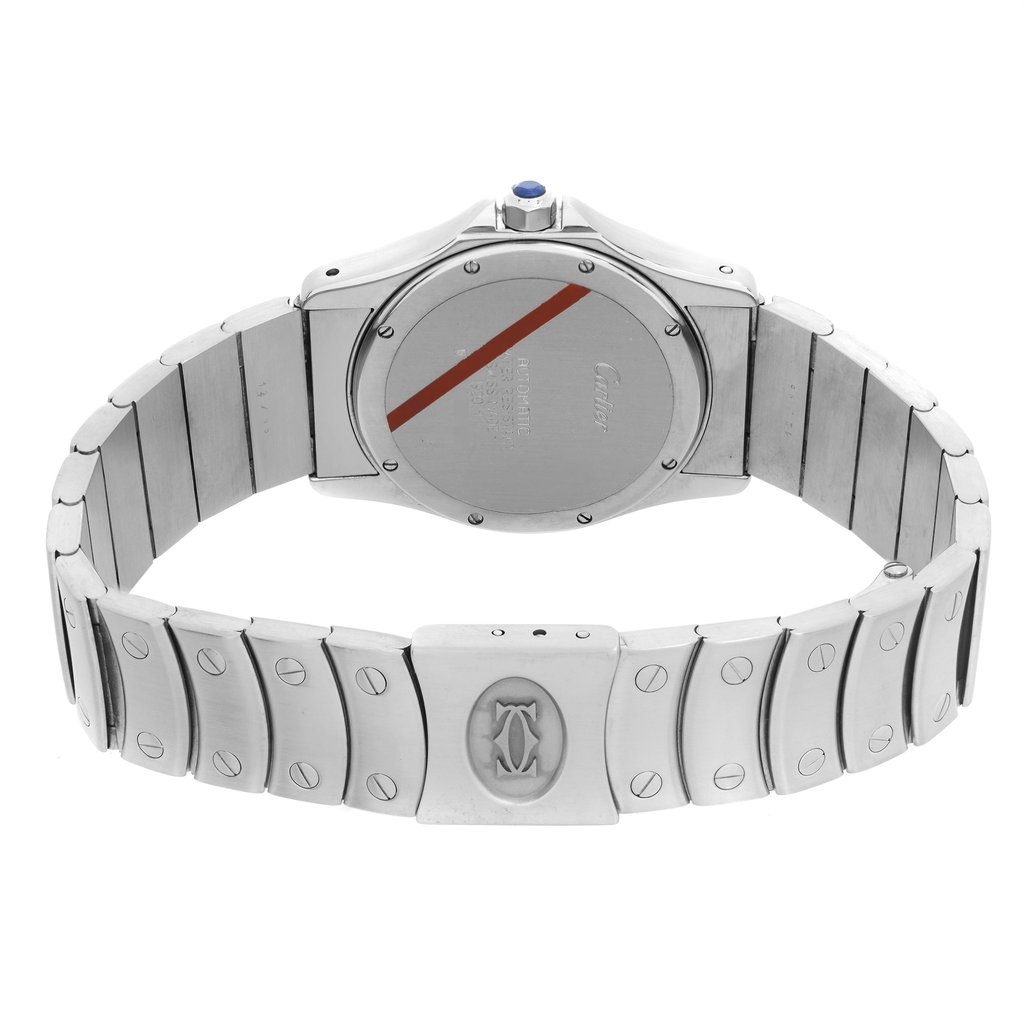 Back View Of Screwback Back Case And Closed Stainless Steel Band Of Cartier 1920-1 Watch Pre Owned Condition
