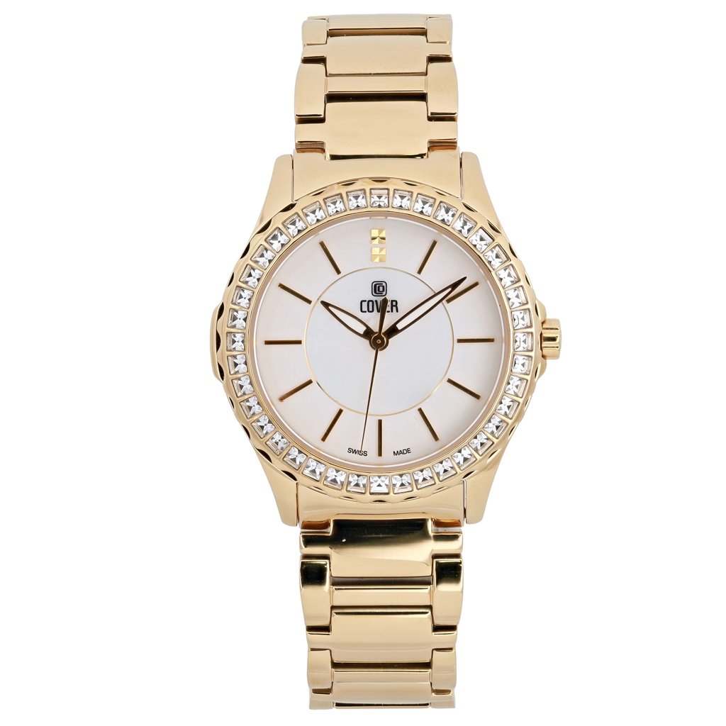 An image of a pre-owned women's wristwatch by COVER, taken from a direct frontal angle. The watch features a gold-tone metal bracelet and a round bezel adorned with sparkling stones. The face is white with gold hour markers and luminous hands. The photo captures the watch in clear detail, focusing closely on the dial and bezel.