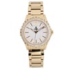 An image of a pre-owned women's wristwatch by COVER, taken from a direct frontal angle. The watch features a gold-tone metal bracelet and a round bezel adorned with sparkling stones. The face is white with gold hour markers and luminous hands. The photo captures the watch in clear detail, focusing closely on the dial and bezel.