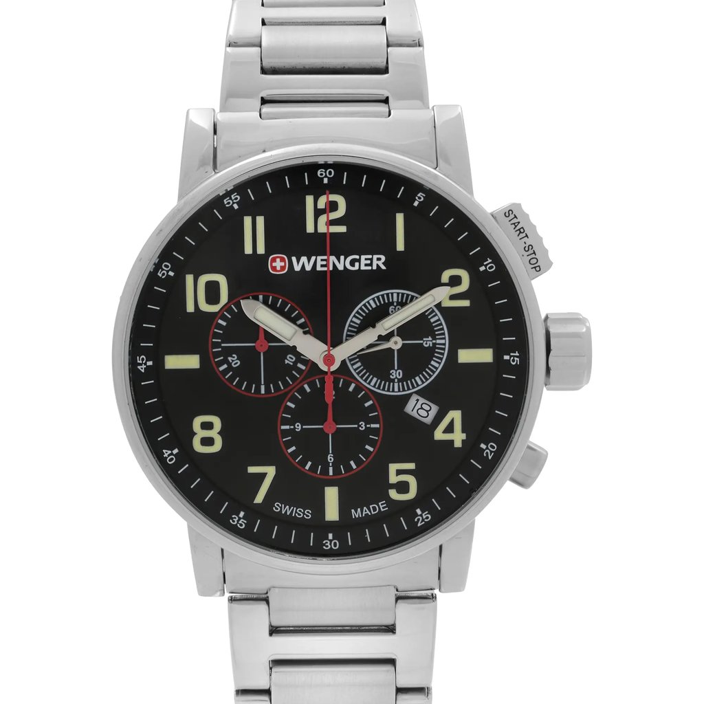 Up Close Front Facing Picture Of Wenger 01.343.105 Stainless Steel Watch Display Model Condition