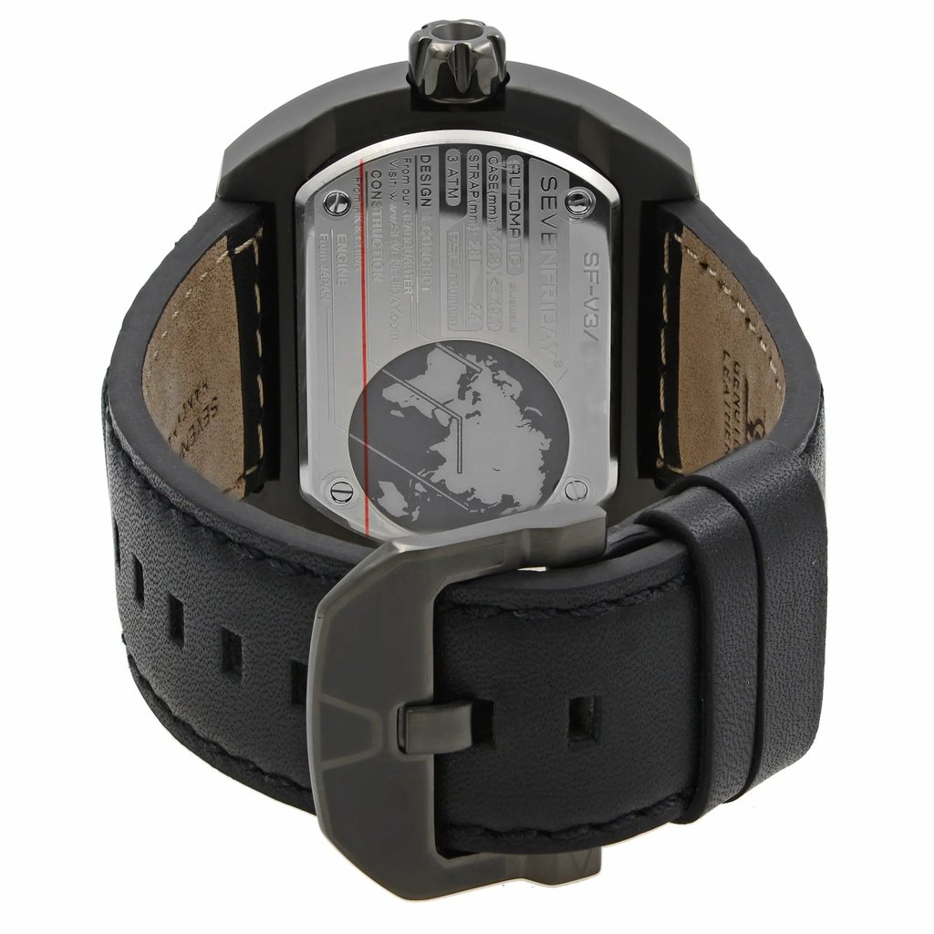 Back View Of Solid Back Case And Closed Leather Band Of SEVENFRIDAY V3/01 Watch Unworn Condition