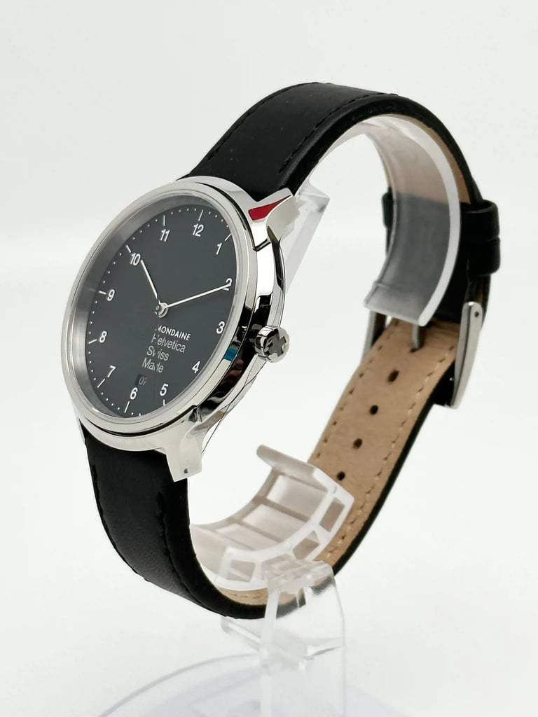 View Of Crown Facing Side Of Mondaine MH1.R2220.LB Stainless Steel Watch Display Model Condition