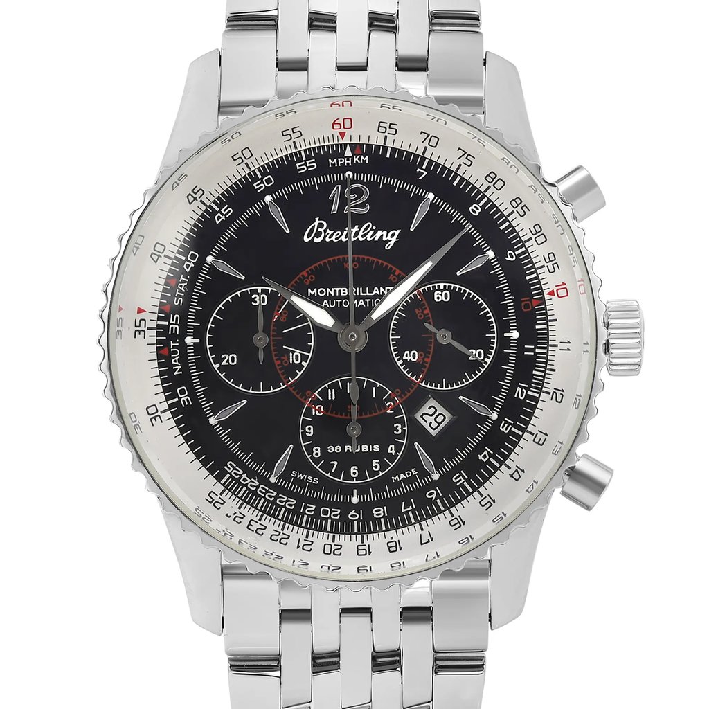 An image of a pre-owned Breitling men's pilot/aviator wristwatch, shown in a front close-up view focusing on the watch face. The watch has a round shape with a black dial, stick indexes, and features such as a chronograph, date indicator, and small seconds subdial. The bezel is steel-colored with various scales, and the stainless steel band is partially visible. The condition appears excellent and the angle of the shot is direct, with the watch filling most of the frame to emphasize details.