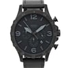 An image of a Fossil wristwatch taken from a straight-on angle, showcasing the large, round black face with bold numerals at the 12, 3, 6, and 9 o'clock positions. The watch features three subdials and a date window at the 4 o'clock position. It has a textured black leather strap and a black bezel with minute markings. The watch is new with defects and is positioned centrally in the frame, captured at a close distance for detailed visibility.