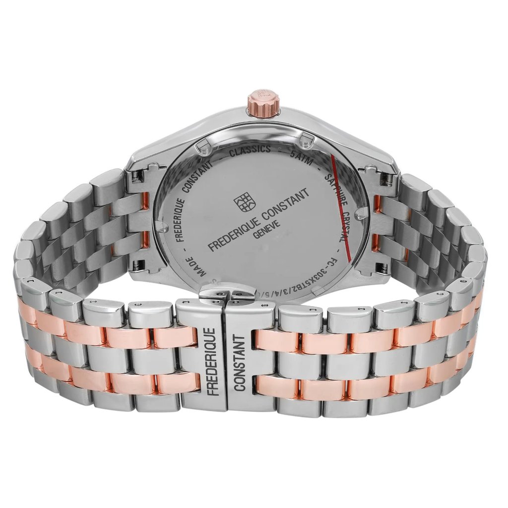 An image of a Wristwatch by Frederique Constant. This New With Defects item is designed for Men, featuring a Casual style. It has a Mechanical (Automatic) movement and an Analog display with a Silver dial color. The indices include 12-Hour Dial,Stick Indexes. The band is made of Stainless Steel and the case is made of Stainless Steel. The watch has a Round shape with a case size of 40 mm and a case thickness of 11 mm.