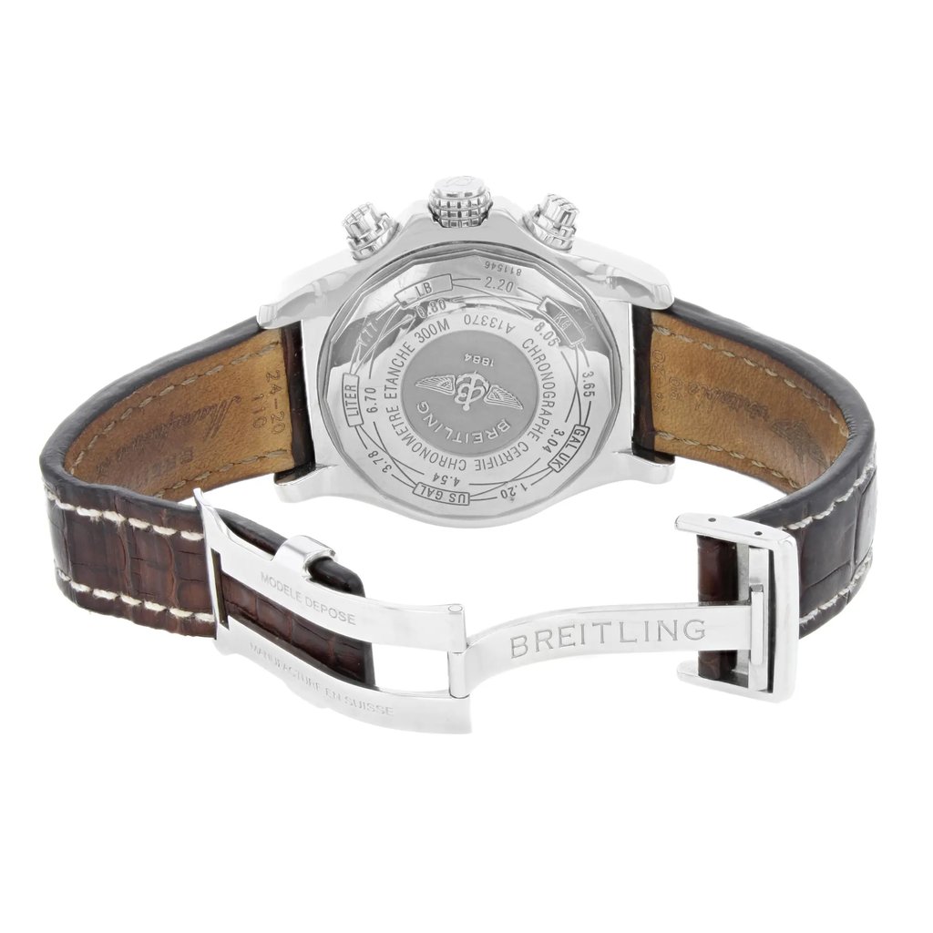 Back View Of {Caseback} Back Case And Open Leather Band Of Breitling A13370 Watch Pre Owned Condition