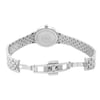An image of an unworn RAYMOND WEIL women's wristwatch, viewed from the back with an open clasp. The watch features a round shape, stainless steel case and band, with a solid caseback that is prominently displayed. The watch is positioned centrally against a white background, with the camera angle focused directly on the back of the watch, capturing the entire band and clasp in a medium distance shot. The brand's logo is visible on the caseback.