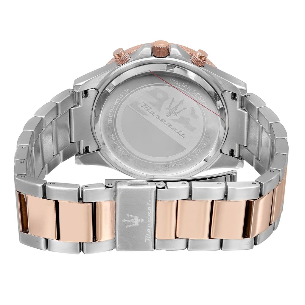 Back View Of Screwback Back Case And Closed Stainless Steel Band Of Maserati R8873640002 Watch Display Model Condition