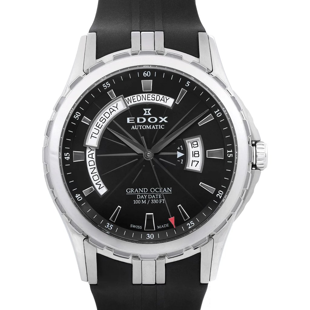 Up Close Front Facing Picture Of Edox 83006 3CA NIN Stainless Steel Watch Display Model Condition