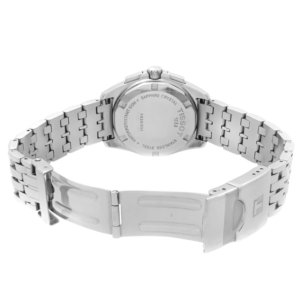 Back View Of Solid Back Case And Open Stainless Steel Band Of Tissot T22.1.486.21 Watch Pre Owned Condition