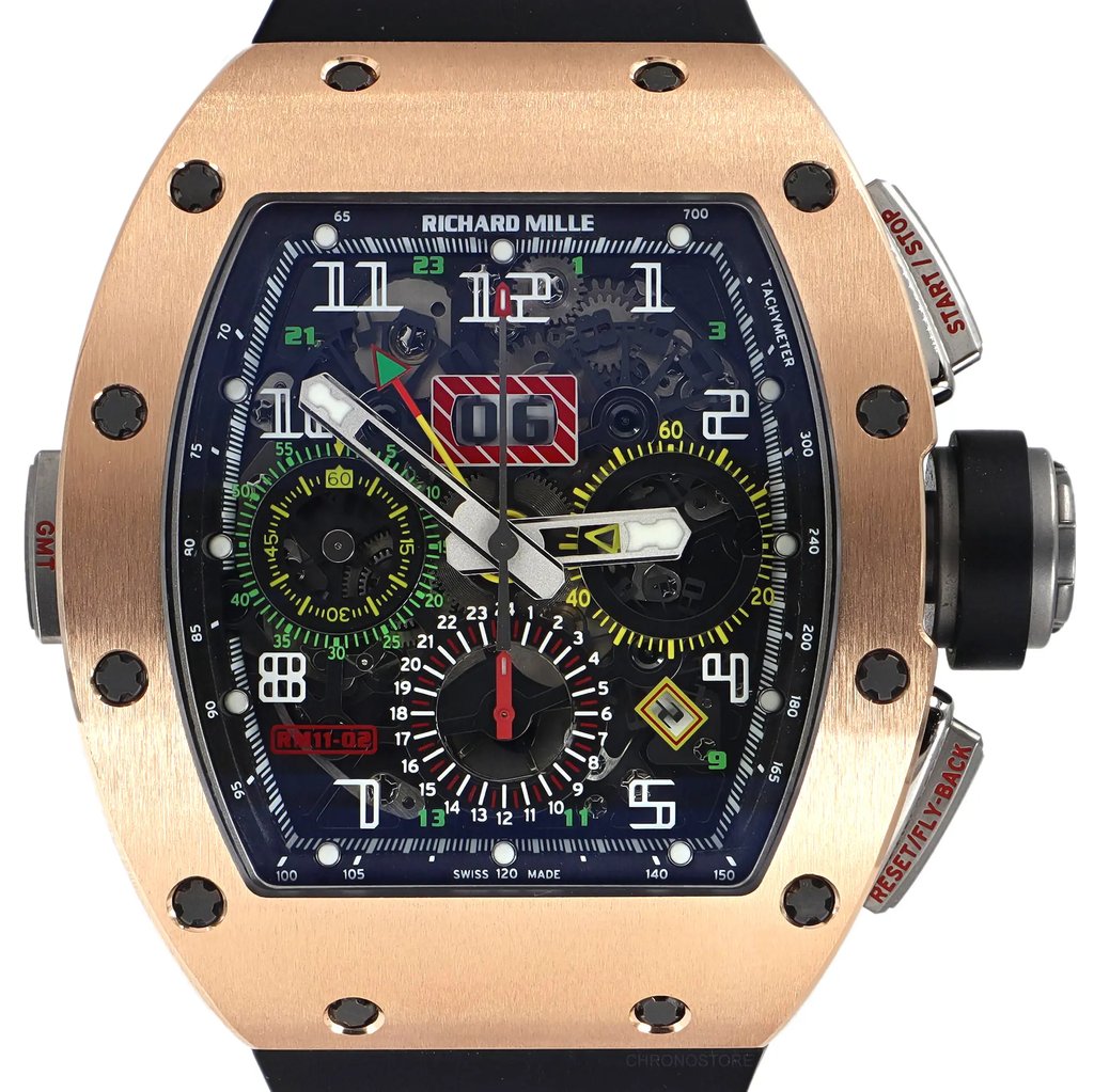 Up Close Front Facing Picture Of Richard Mille RM 11-02 Titanium,Rose Gold Watch Pre Owned Condition