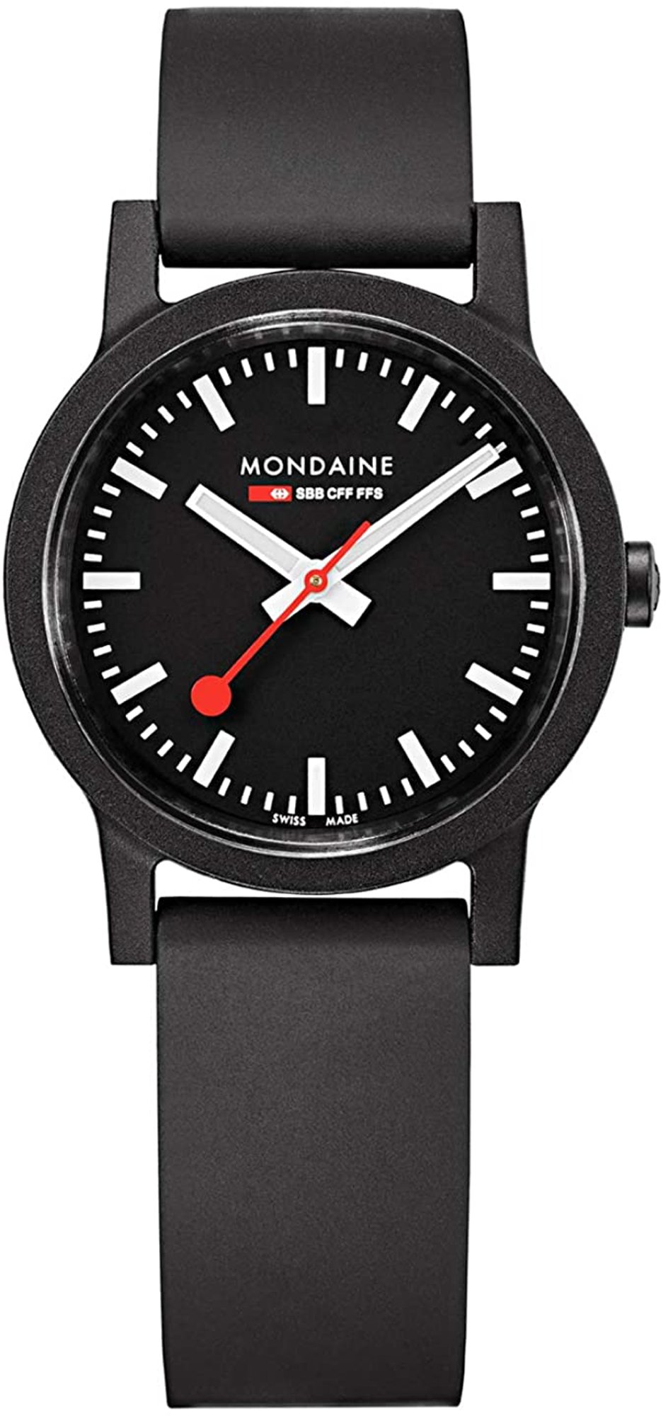 An image of a Wristwatch by Mondaine. This Display Model item is designed for Women, featuring a Casual style. It has a Quartz movement and an Analog display with a Black dial color. The indices include 12-Hour Dial,Non-Numeric Hour Marks,Stick Indexes. The band is made of Rubber and the case is made of Black renewable raw material. The watch has a Round shape with a case size of 32 mm and a case thickness of 8 mm.