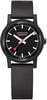 An image of a Wristwatch by Mondaine. This Display Model item is designed for Women, featuring a Casual style. It has a Quartz movement and an Analog display with a Black dial color. The indices include 12-Hour Dial,Non-Numeric Hour Marks,Stick Indexes. The band is made of Rubber and the case is made of Black renewable raw material. The watch has a Round shape with a case size of 32 mm and a case thickness of 8 mm.