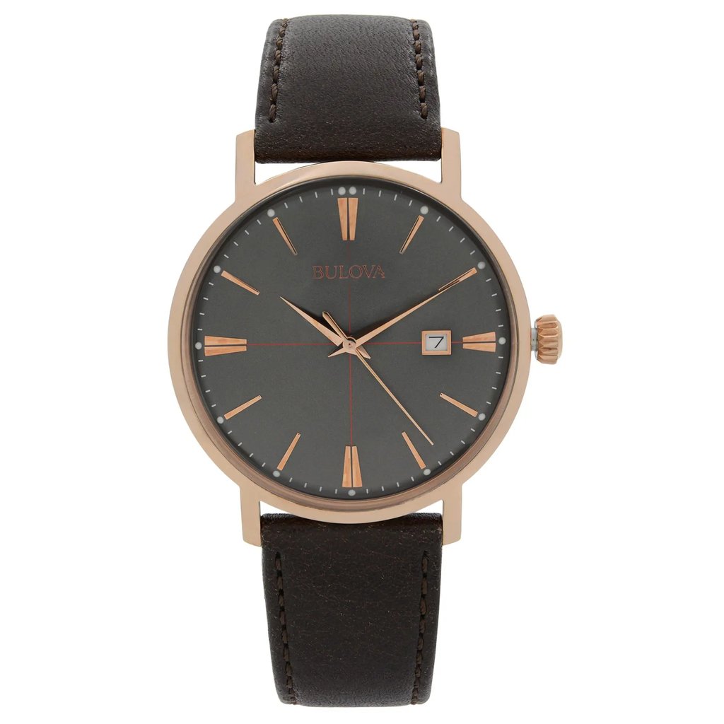 An image of a Wristwatch by Bulova. This New With Defects item is designed for Men, featuring a Dress/Formal style. It has a Quartz movement and an Analog display with a Gray dial color. The indices include 12-Hour Dial,Non-Numeric Hour Marks,Stick Indexes. The band is made of Leather and the case is made of Stainless Steel. The watch has a Round shape with a case size of 39 mm and a case thickness of 8 mm.