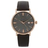 An image of a Wristwatch by Bulova. This New With Defects item is designed for Men, featuring a Dress/Formal style. It has a Quartz movement and an Analog display with a Gray dial color. The indices include 12-Hour Dial,Non-Numeric Hour Marks,Stick Indexes. The band is made of Leather and the case is made of Stainless Steel. The watch has a Round shape with a case size of 39 mm and a case thickness of 8 mm.