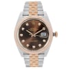 An image of a pre-owned Rolex Oyster Perpetual Datejust men's wristwatch in good condition with light signs of wear. The watch is shown in a full frontal view, positioned directly facing the camera at a close distance, allowing clear visibility of its features. It features a round chocolate sunburst dial with diamond indices and a date window at the 3 o'clock position. The bezel is rose gold, and the band is a combination of rose gold and stainless steel. Visible are a 12-hour dial and a seconds hand.