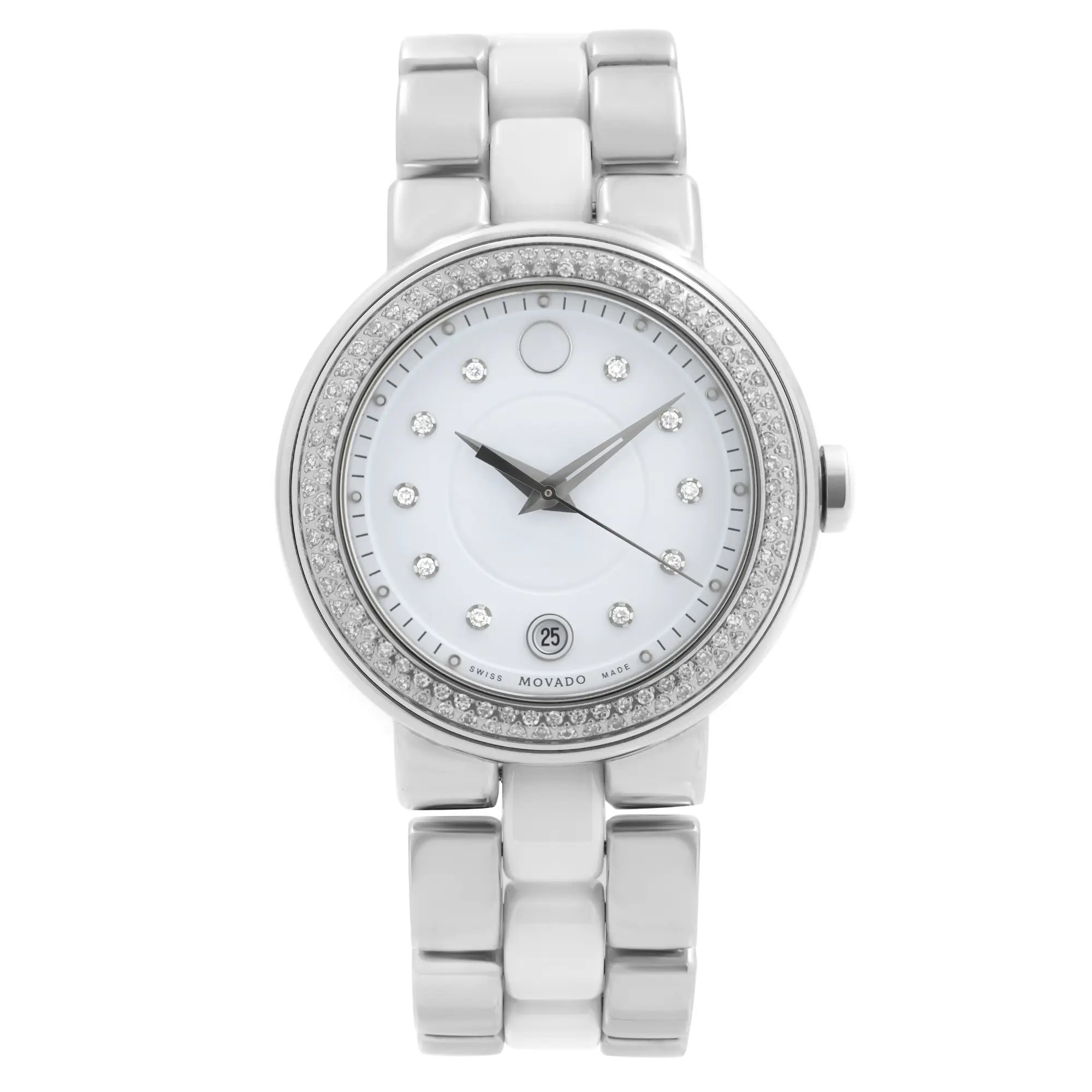 An image of a Wristwatch by Movado. This Display Model item is designed for Women, featuring a Dress/Formal style. It has a Quartz movement and an Analog display with a White dial color. The indices include 12-Hour Dial,Non-Numeric Hour Marks. The band is made of Ceramic,Stainless Steel and the case is made of Stainless Steel. The watch has a Round shape with a case size of 36 mm and a case thickness of 10 mm.
