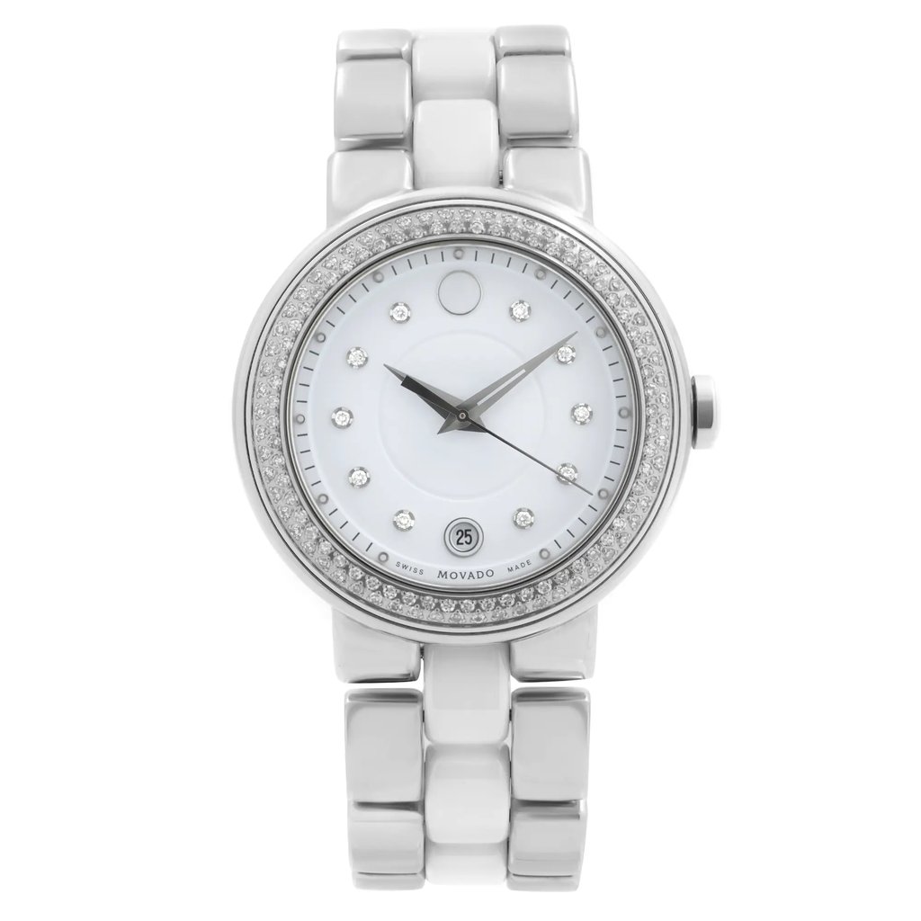 An image of a Wristwatch by Movado. This Display Model item is designed for Women, featuring a Dress/Formal style. It has a Quartz movement and an Analog display with a White dial color. The indices include 12-Hour Dial,Non-Numeric Hour Marks. The band is made of Ceramic,Stainless Steel and the case is made of Stainless Steel. The watch has a Round shape with a case size of 36 mm and a case thickness of 10 mm.