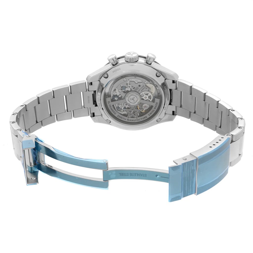 Back View Of Exhibition Back Case And Open Stainless Steel Band Of Zenith 03.3100.3600/69.M3100 Watch Unworn Condition