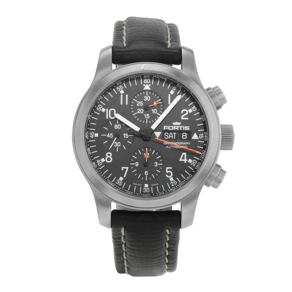 Front Full View Of Fortis 635.10.11 L.01 Stainless Steel Watch Pre Owned Condition {Product Condition}