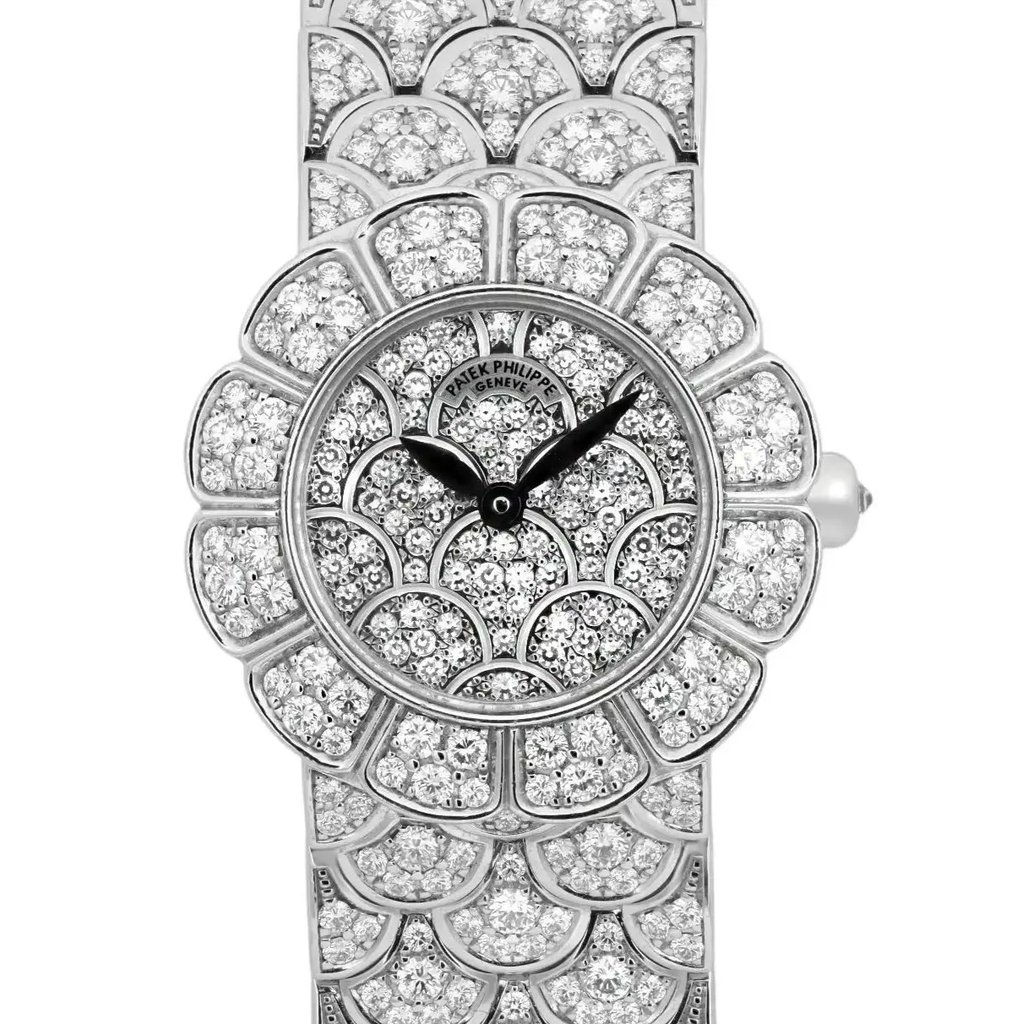 Up Close Front Facing Picture Of Patek Philippe 4872/3G-001 White Gold Watch Pre Owned Condition