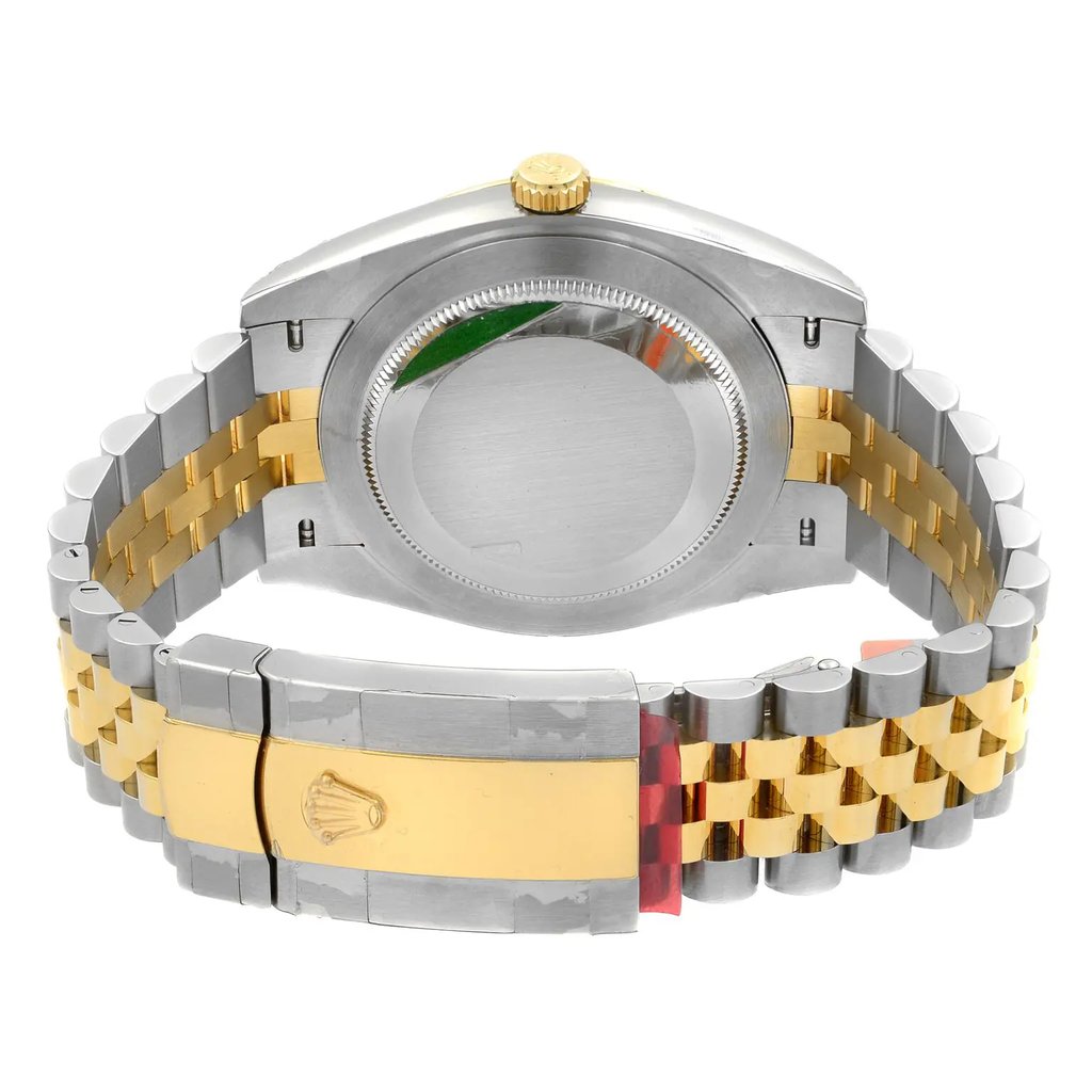 Back View Of Solid Back Case And Closed Stainless and Solid Gold Band Of Rolex 126303-SLTRJ Watch Unworn Condition