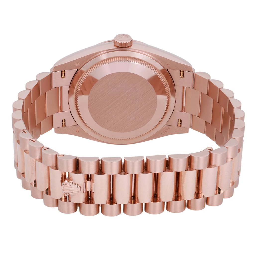 Back View Of Solid Back Case And Closed Rose Gold Band Of Rolex 128235-0041 Watch New Condition