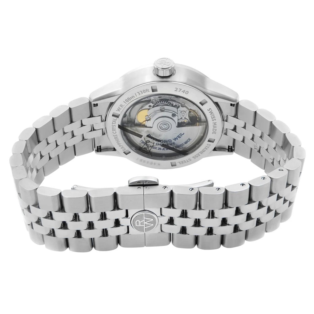 Back View Of Exhibition Back Case And Closed Stainless Steel Band Of RAYMOND WEIL 2740-ST-50021 Watch Unworn Condition
