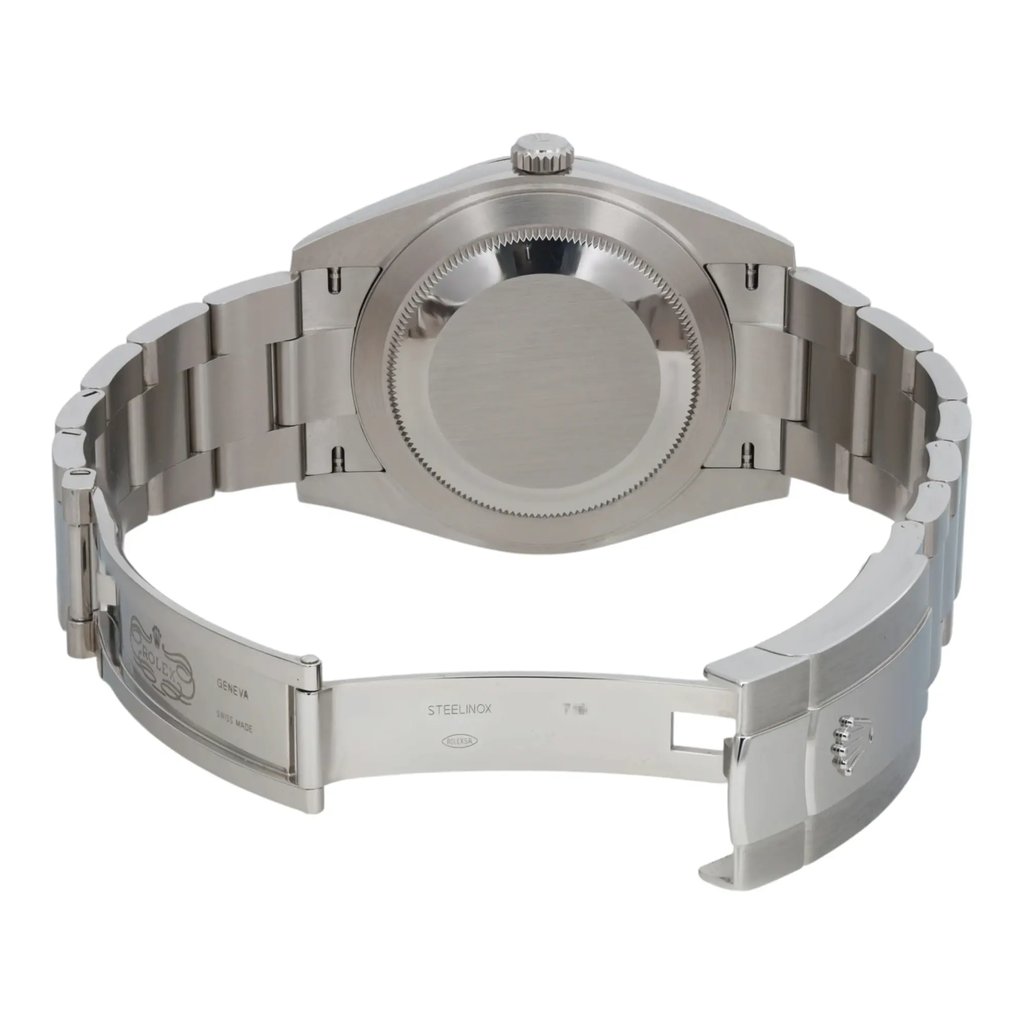 Back View Of Solid Back Case And Open Stainless Steel Band Of Rolex 126300 Watch Pre Owned Condition