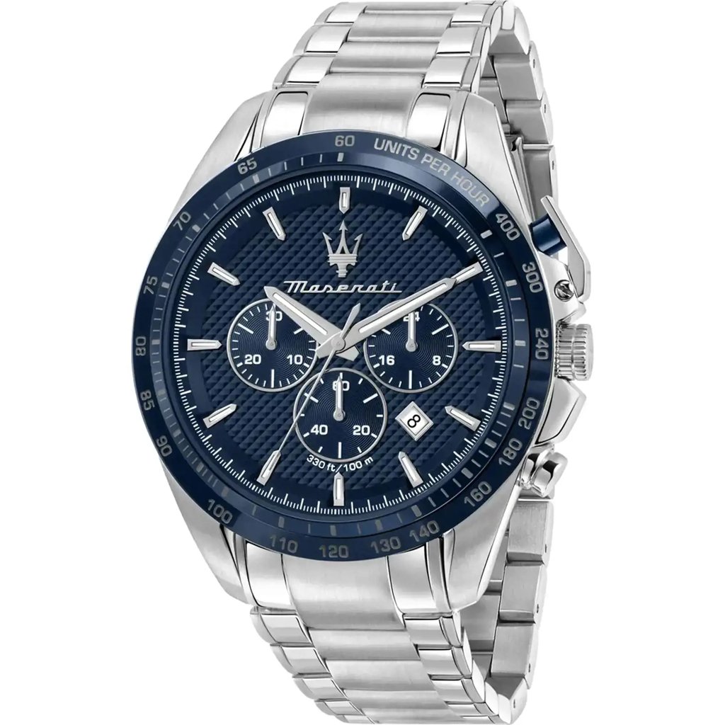 An image of a Wristwatch by Maserati. This Pre Owned item is designed for Men, featuring a Casual style. It has a Quartz movement and an Analog display with a Blue dial color. The indices include 12-Hour Dial,Multi Dial,Stick Indexes. The band is made of Stainless Steel and the case is made of Stainless Steel. The watch has a Round shape with a case size of 45 mm and a case thickness of 12 mm.