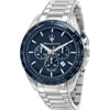 An image of a Wristwatch by Maserati. This Pre Owned item is designed for Men, featuring a Casual style. It has a Quartz movement and an Analog display with a Blue dial color. The indices include 12-Hour Dial,Multi Dial,Stick Indexes. The band is made of Stainless Steel and the case is made of Stainless Steel. The watch has a Round shape with a case size of 45 mm and a case thickness of 12 mm.