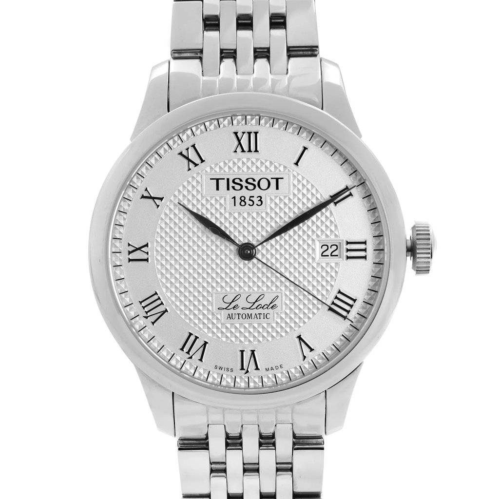 Up Close Front Facing Picture Of Tissot T41.1.483.33 Stainless Steel Watch Display Model Condition
