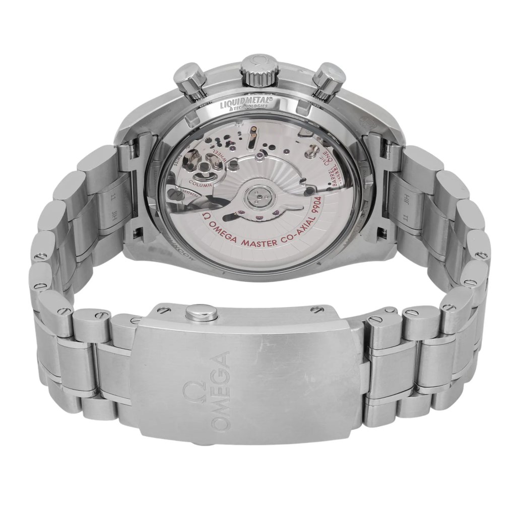 Back View Of Exhibition Back Case And Closed Stainless Steel Band Of OMEGA 304.30.44.52.01.001 Watch Pre Owned Condition