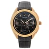 An image of a new with defects Bulova men's wristwatch in a casual style, shown in a full frontal view. The timepiece features a brown dial with stick indexes, three subdials, and luminous hands within a rose gold-tone bezel. It has a round stainless steel case and is attached to a dark brown leather band. The watch is positioned straight on the camera, with the face fully visible and the band partially folded behind, all captured from a close distance to show detail. Features include a chronograph and a small seconds subdial.