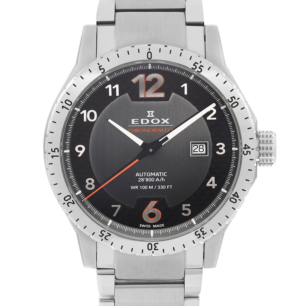 Up Close Front Facing Picture Of Edox 80094 3NM NO1 Stainless Steel Watch Display Model Condition